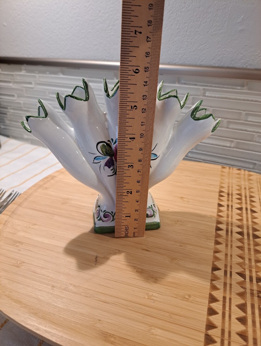 Vtg Portugal Leart 5 Finger Bud Vase Flower Floral Green White Pedestal 412 - Picture 3 of 6